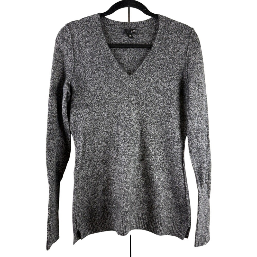 AQUA Cashmere Gray Marl V-Neck Sweater Charcoal Knit Quiet Luxury Medium EUC